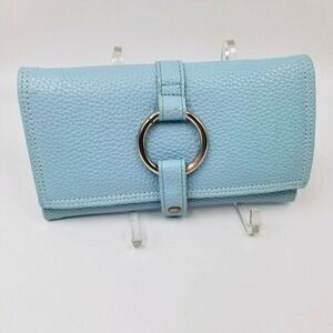 Womens Trifold Aqua Blue Wallet 8" Wide Zipper Pockets Pebbled Faux Leather